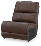 Espresso armless recliner chair side profile with stitched upholstery and cushioned base