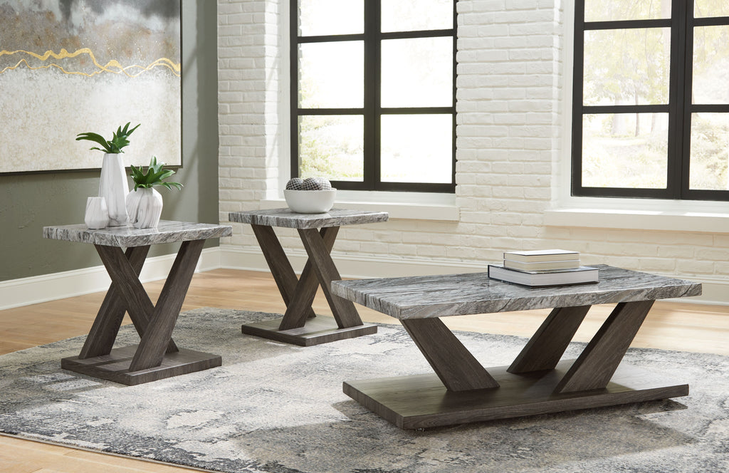 Occasional table set with weathered gray tops and dark gray X-legs, three-piece