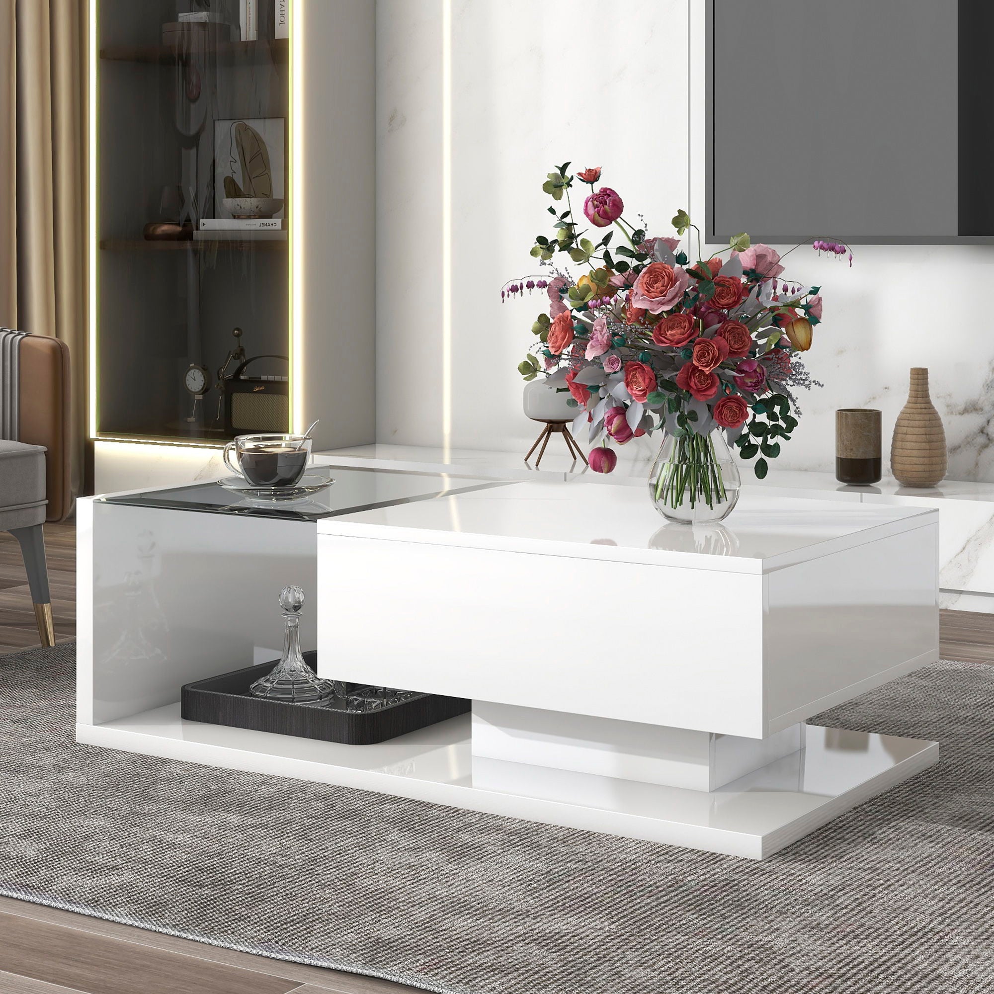 On-Trend Modern Coffee Table With Tempered Glass, Wooden Cocktail Table With High-Gloss Uv Surface, Modernist 2-Tier Rectangle Center Table For Living Room, White