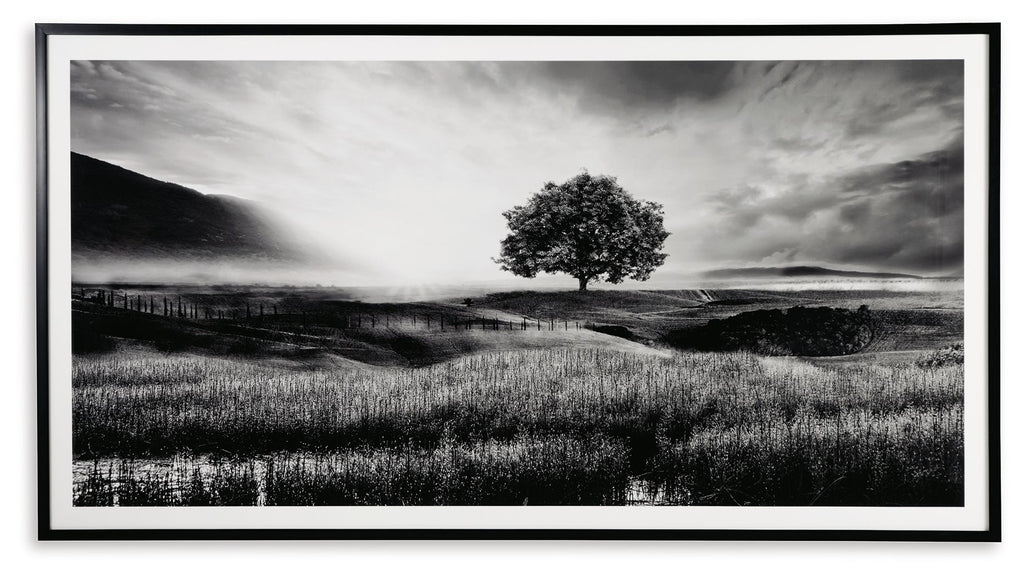 Framed monochrome landscape print with lone tree in field under cloudy sky