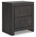 Two-drawer nightstand in dark gray with two horizontal drawers and curved metal pulls