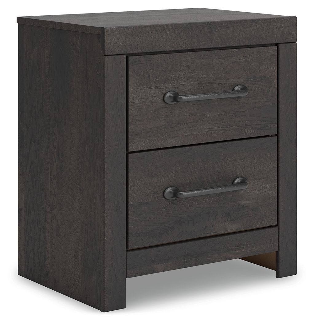 Two-drawer nightstand in dark gray with two horizontal drawers and curved metal pulls