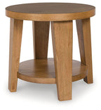 Kristiland light brown round end table with curved lower shelf and four wooden legs