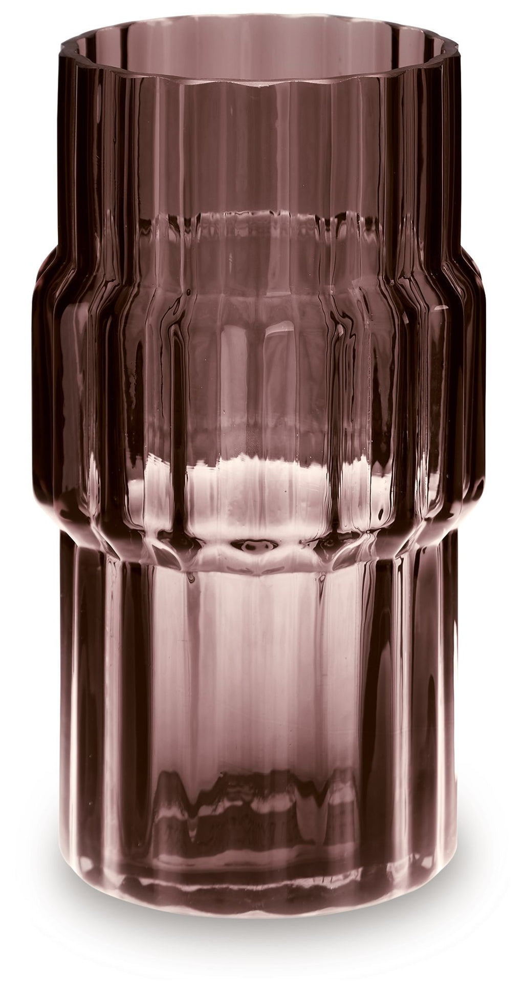 Purple glass vase with faceted midsection, fluted neck, and ribbed base