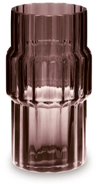 Purple glass vase with faceted midsection, fluted neck, and ribbed base