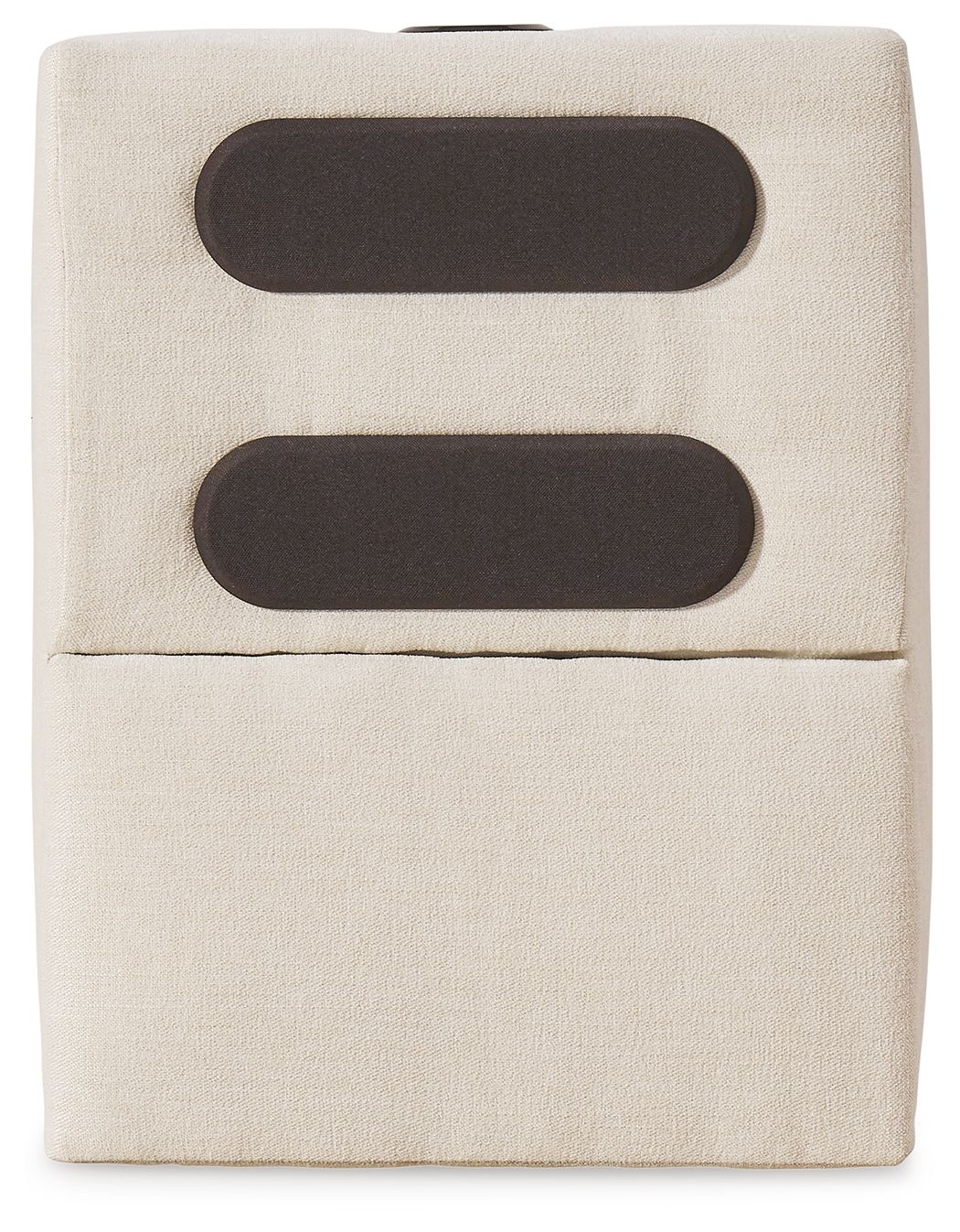 Oyster upholstered console with audio system; two dark oval speaker grilles