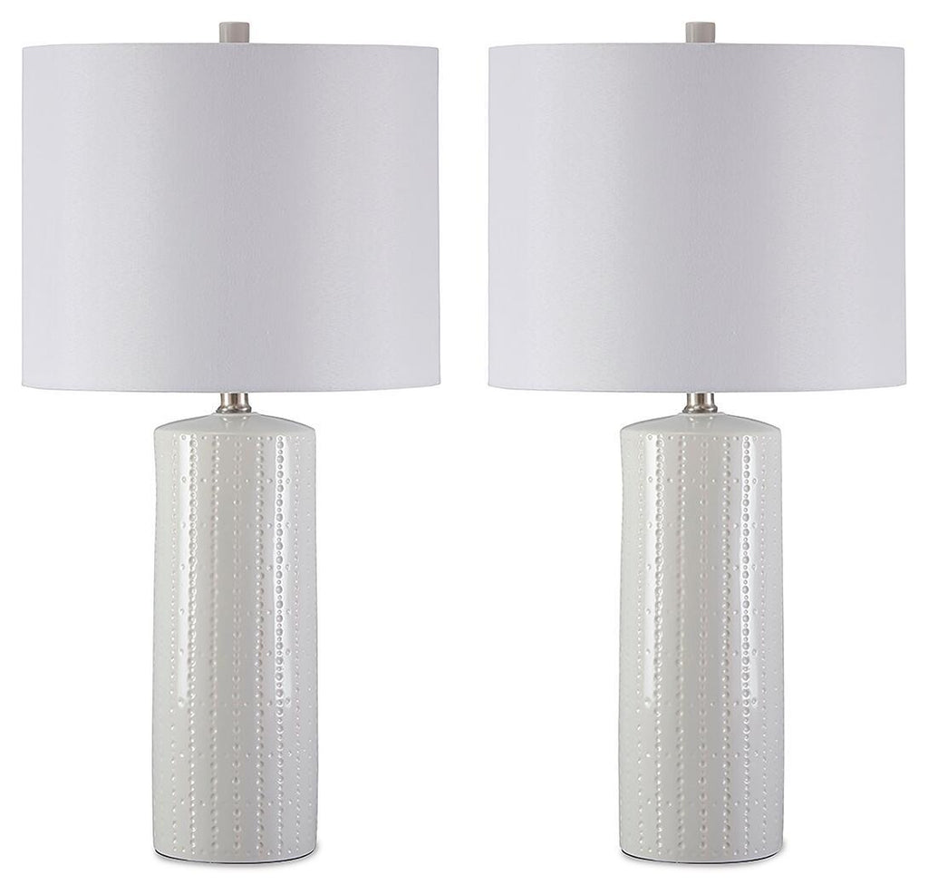 Steuben ceramic table lamp set of 2 with white drum shades and white ribbed bases