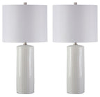 Steuben ceramic table lamp set of 2 with white drum shades and white ribbed bases