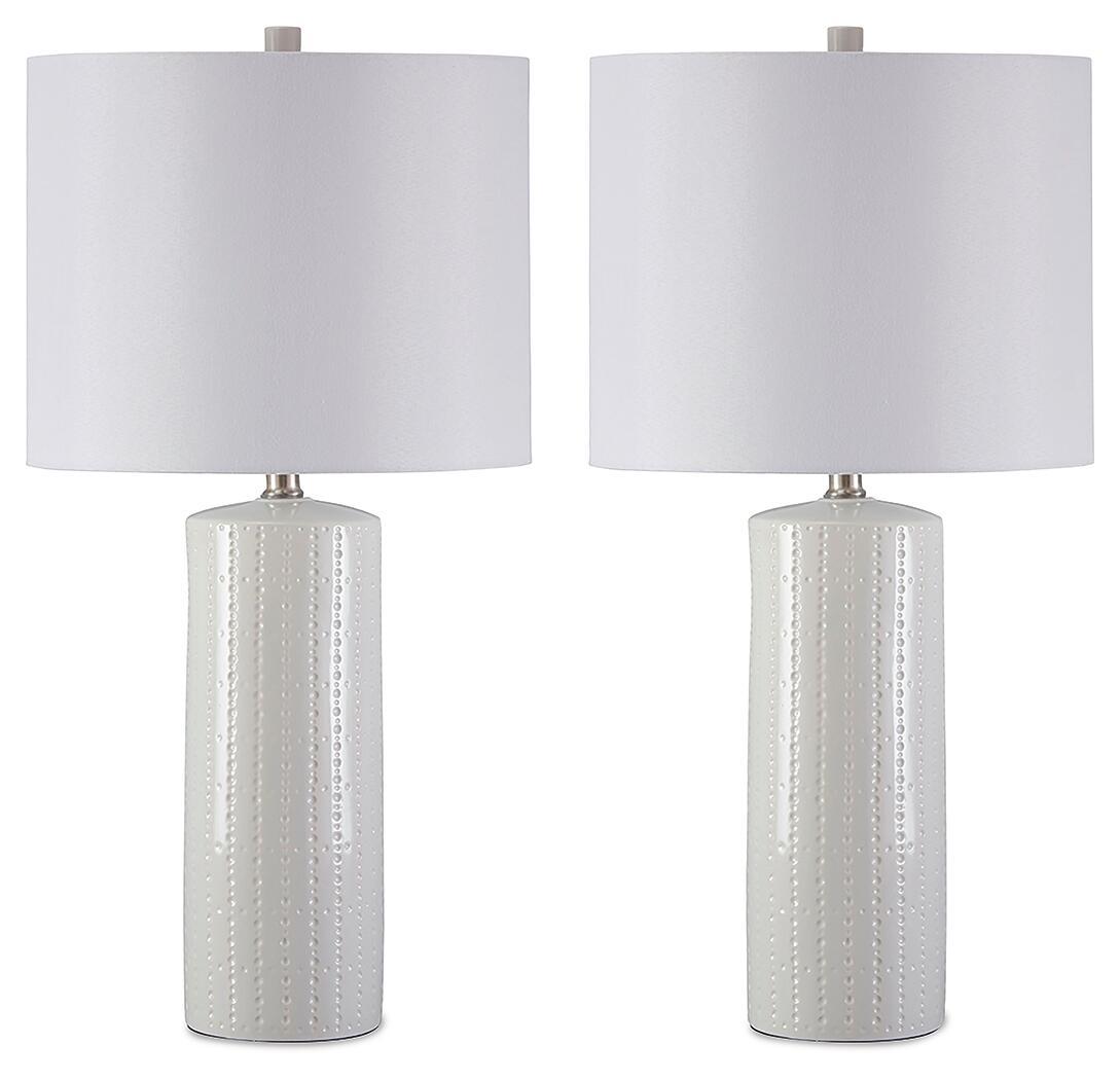 Steuben ceramic table lamp set of 2 with white drum shades and white ribbed bases