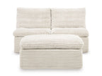 Ivory upholstered armless chair cushions and ottoman, ribbed texture with rounded front seat