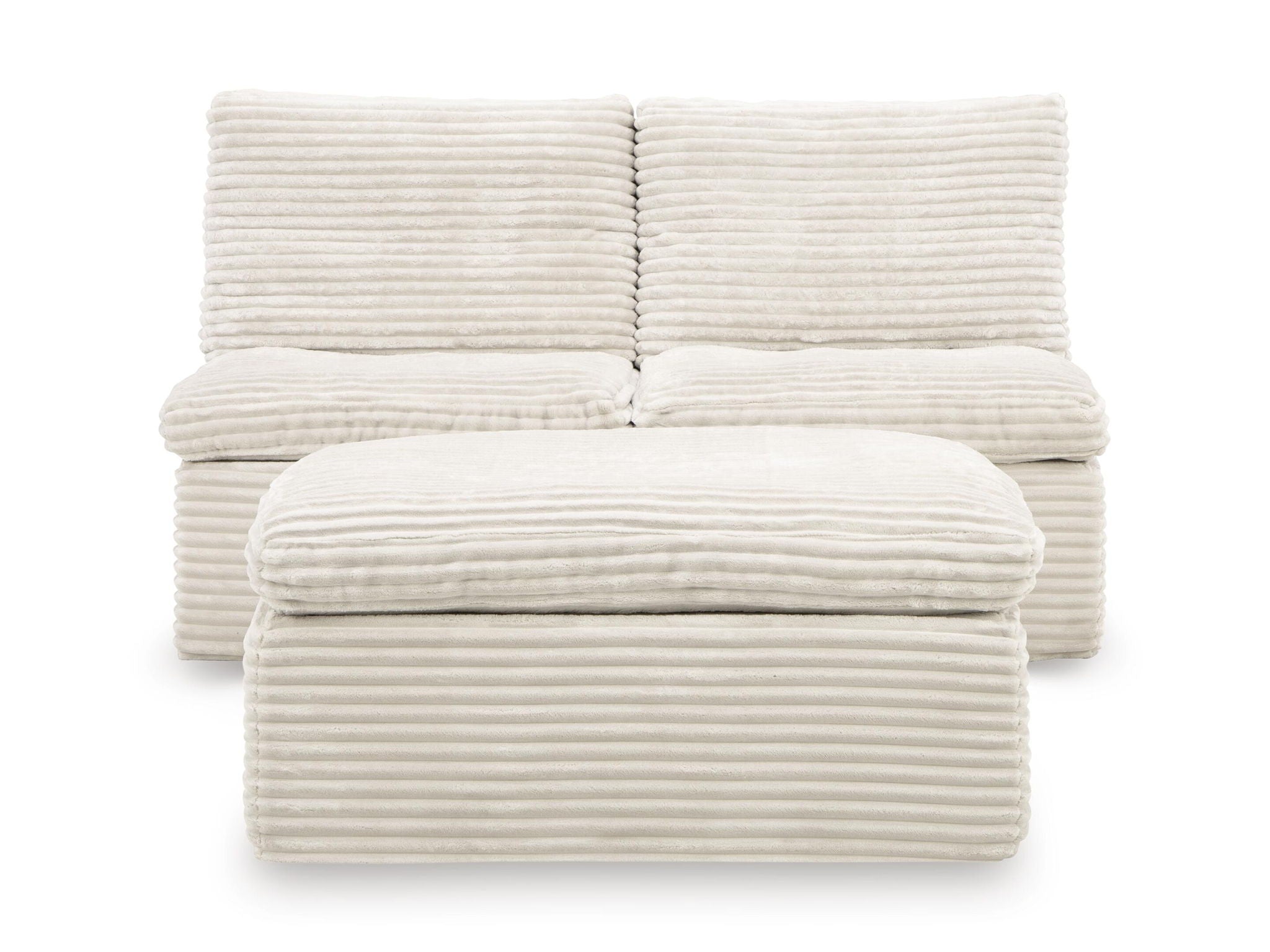 Ivory upholstered armless chair cushions and ottoman, ribbed texture with rounded front seat