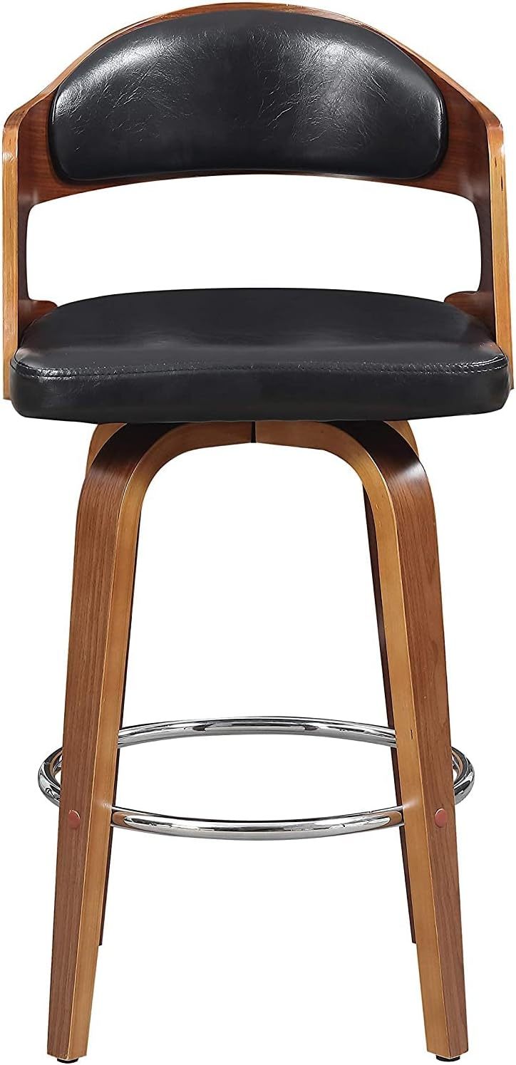 Mid-Century Black Swivel Barstool: Wood, Faux Leather, 27" Counter