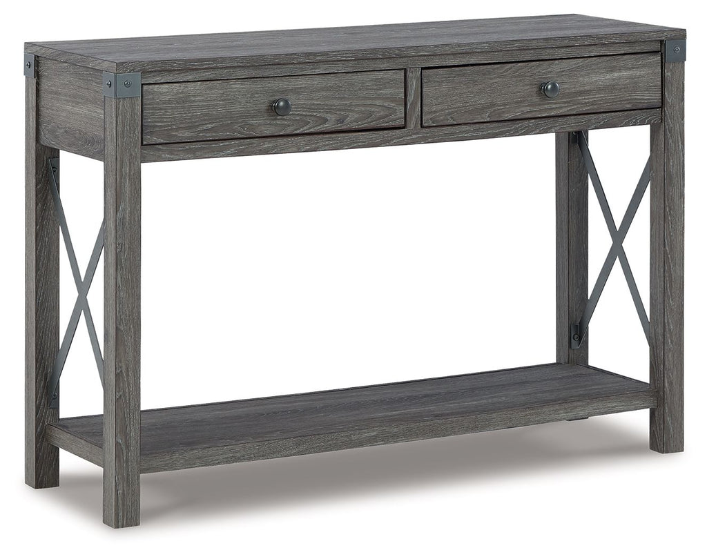 Grayish brown console sofa table with two drawers and lower shelf, X-frame sides