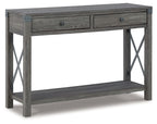 Grayish brown console sofa table with two drawers and lower shelf, X-frame sides