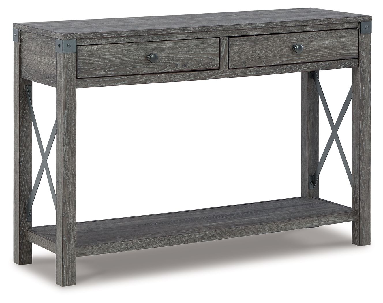 Grayish brown console sofa table with two drawers and lower shelf, X-frame sides