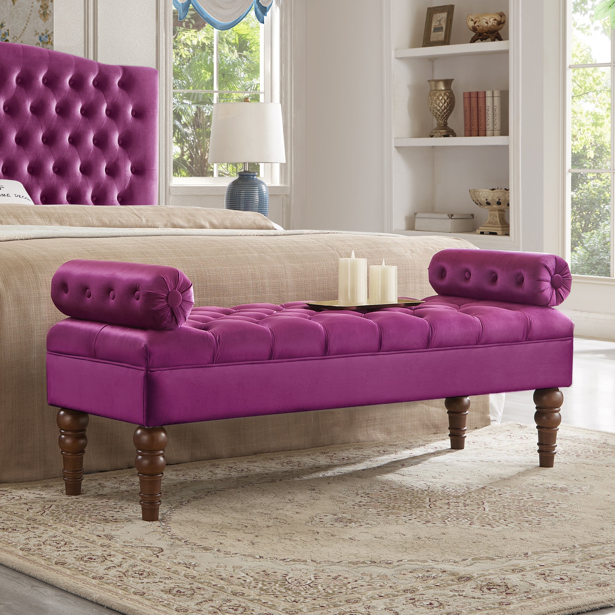 Velvet Tufted Button Bench: Bedroom, Entryway, Window - Violet