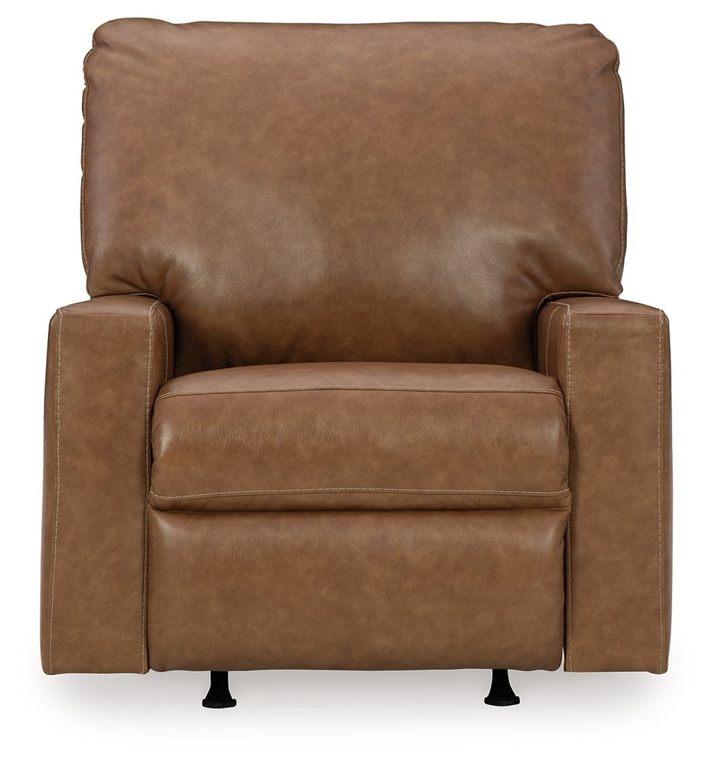 Caramel brown leather rocker recliner chair with wide arms and deep seat
