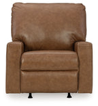 Caramel brown leather rocker recliner chair with wide arms and deep seat