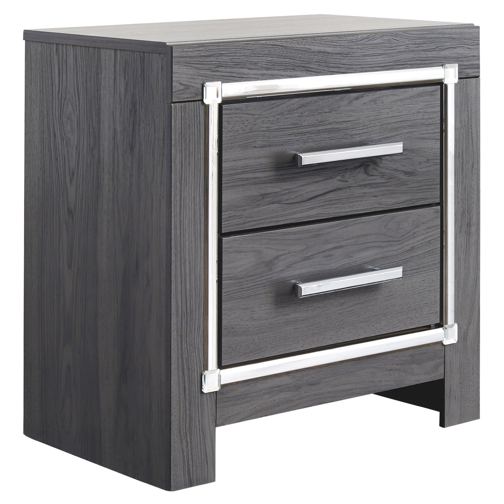Gray two-drawer night stand with chrome bar pulls and metal corner brackets