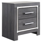 Gray two-drawer night stand with chrome bar pulls and metal corner brackets