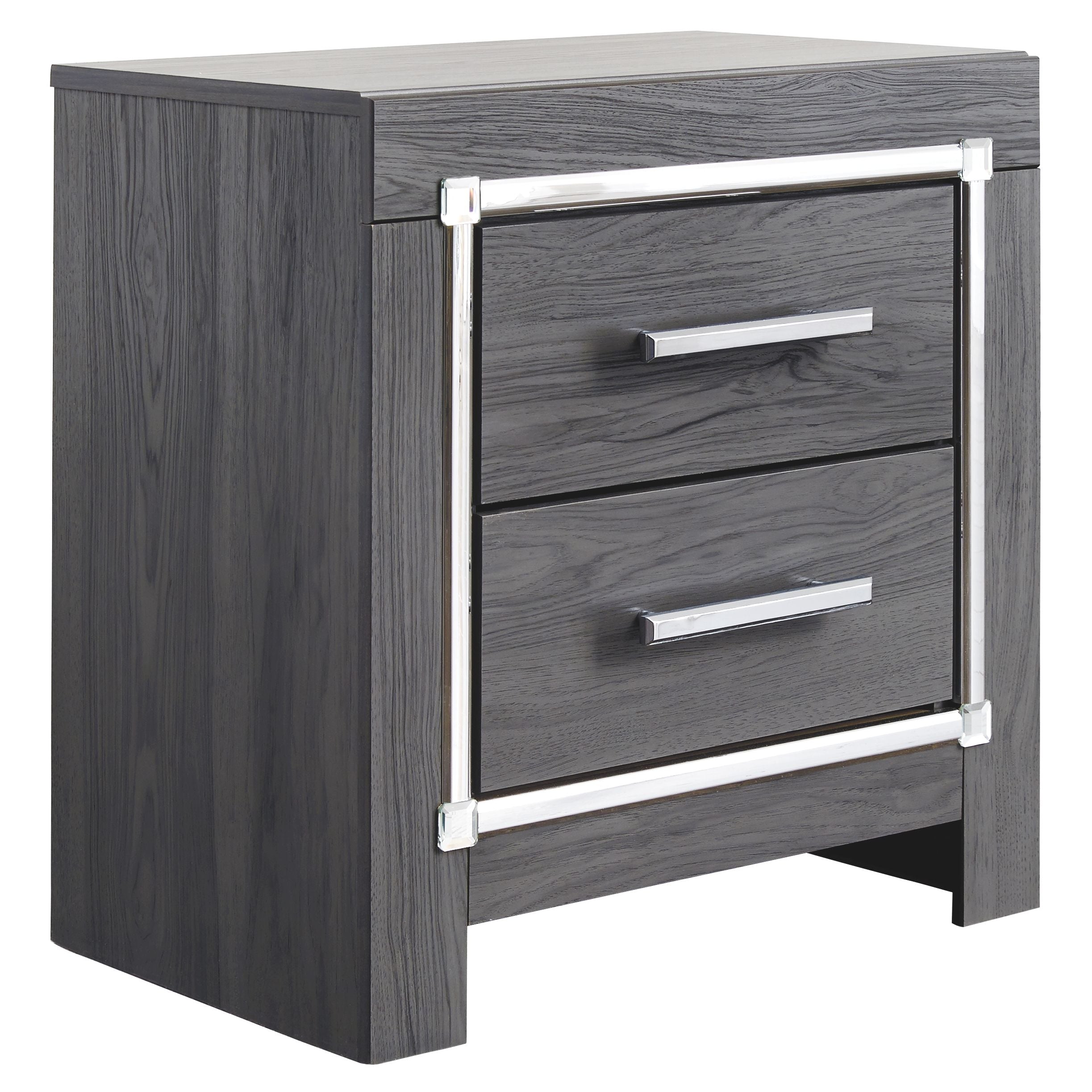 Gray two-drawer night stand with chrome bar pulls and metal corner brackets