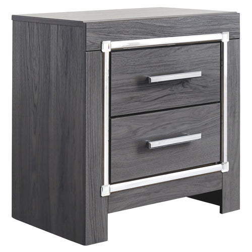 Gray two-drawer night stand with chrome bar pulls and metal corner brackets