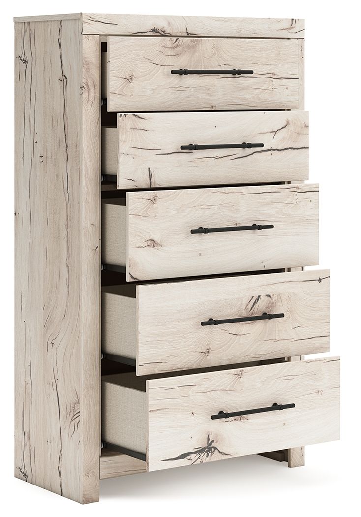Light natural wood five-drawer chest with black bar handles, drawers partly open