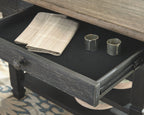 Black rectangular dining counter table with dark gray top and side drawer pull