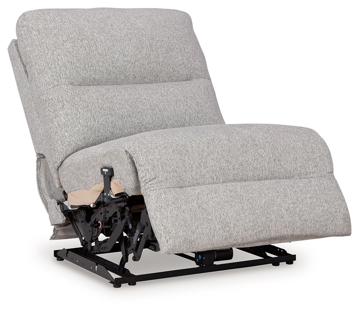 Pewter armless power recliner showing recline base and lifting mechanism