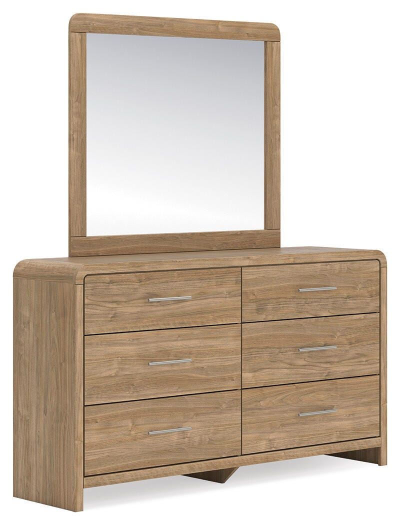 Light brown six-drawer dresser with attached square mirror and metal bar pulls
