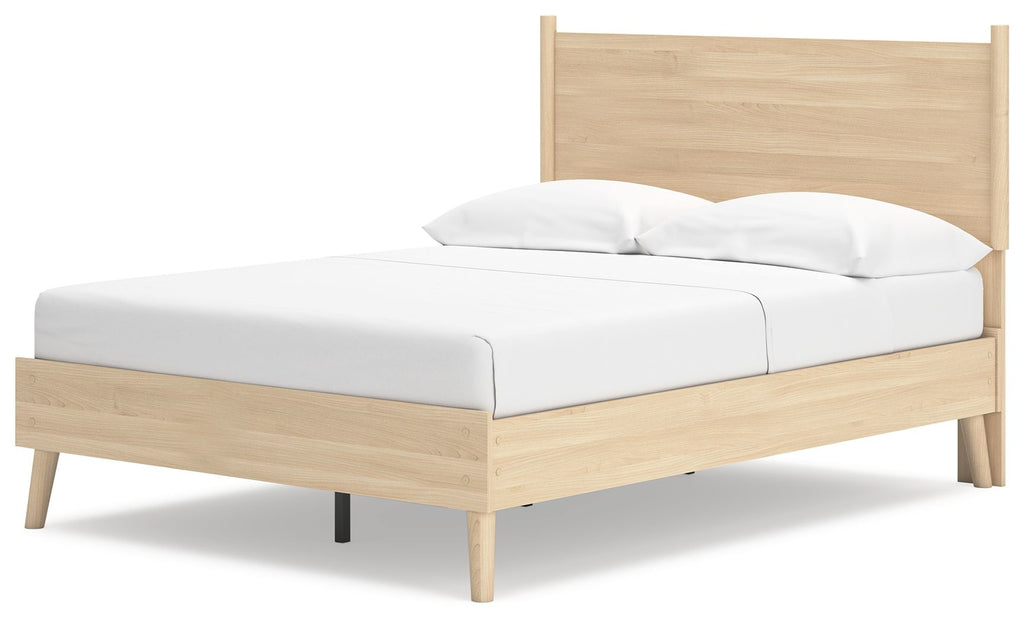 Platform panel bed with light beige wood frame, low side rails, white bedding