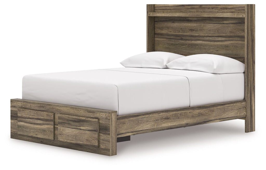 Dark brown panel storage bed with white mattress, padded top rails and drawer fronts