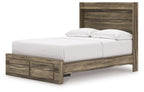 Dark brown panel storage bed with white mattress, padded top rails and drawer fronts