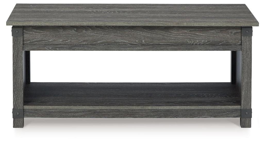 Freedan lift-top cocktail table, grayish-brown wood, two-tier open design