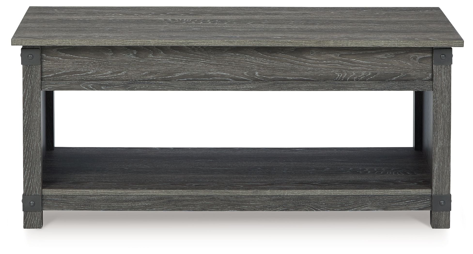 Freedan lift-top cocktail table, grayish-brown wood, two-tier open design