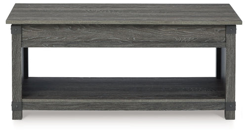 Freedan lift-top cocktail table, grayish-brown wood, two-tier open design