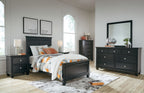 Black bedroom furniture set with bed, nightstands, dresser, and framed mirror