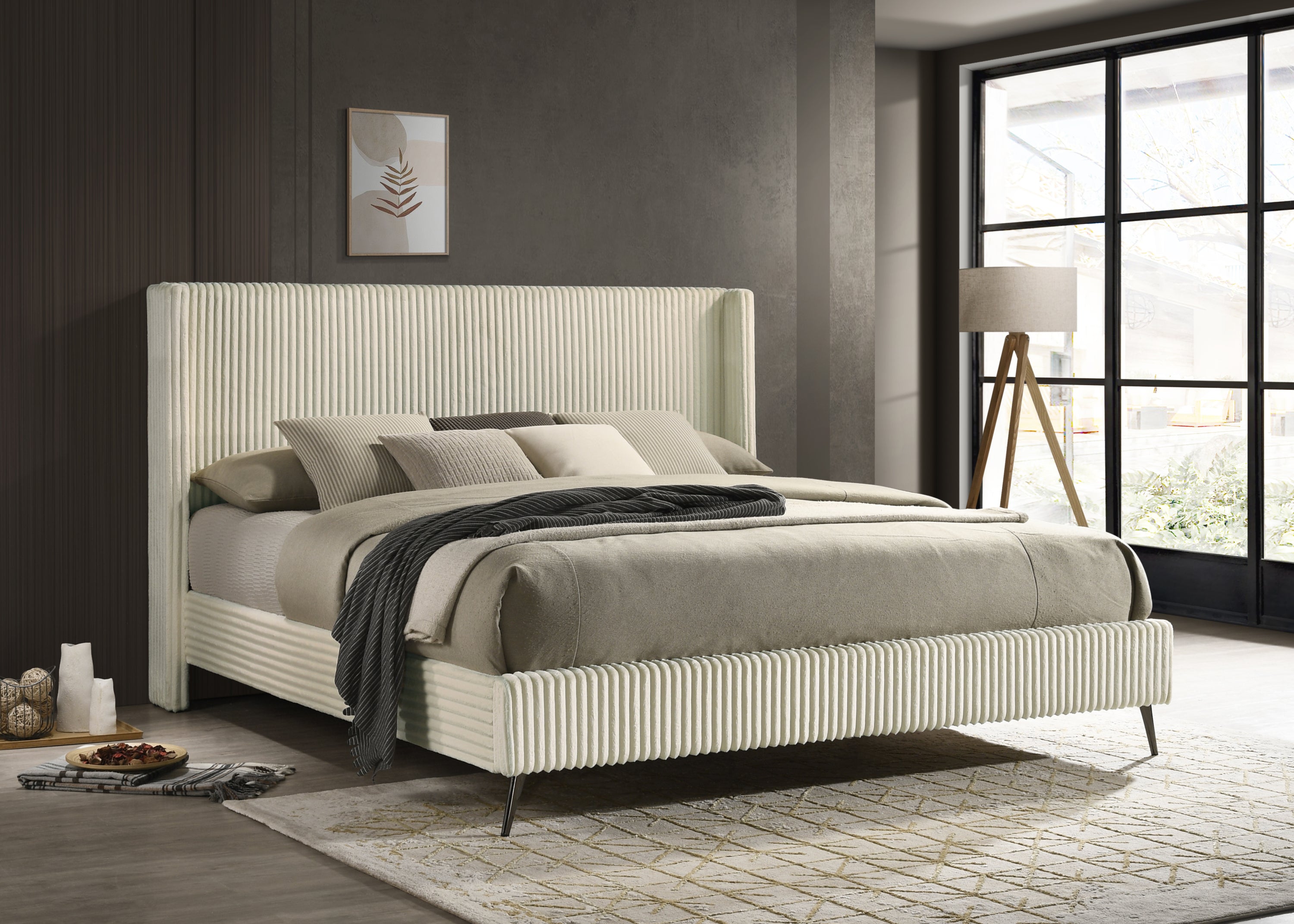 Mavela King Bed - Wide Wale Corduroy Upholstered Panel, Cream