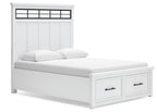 White panel storage bed with headboard panel detail and two drawer cabinets