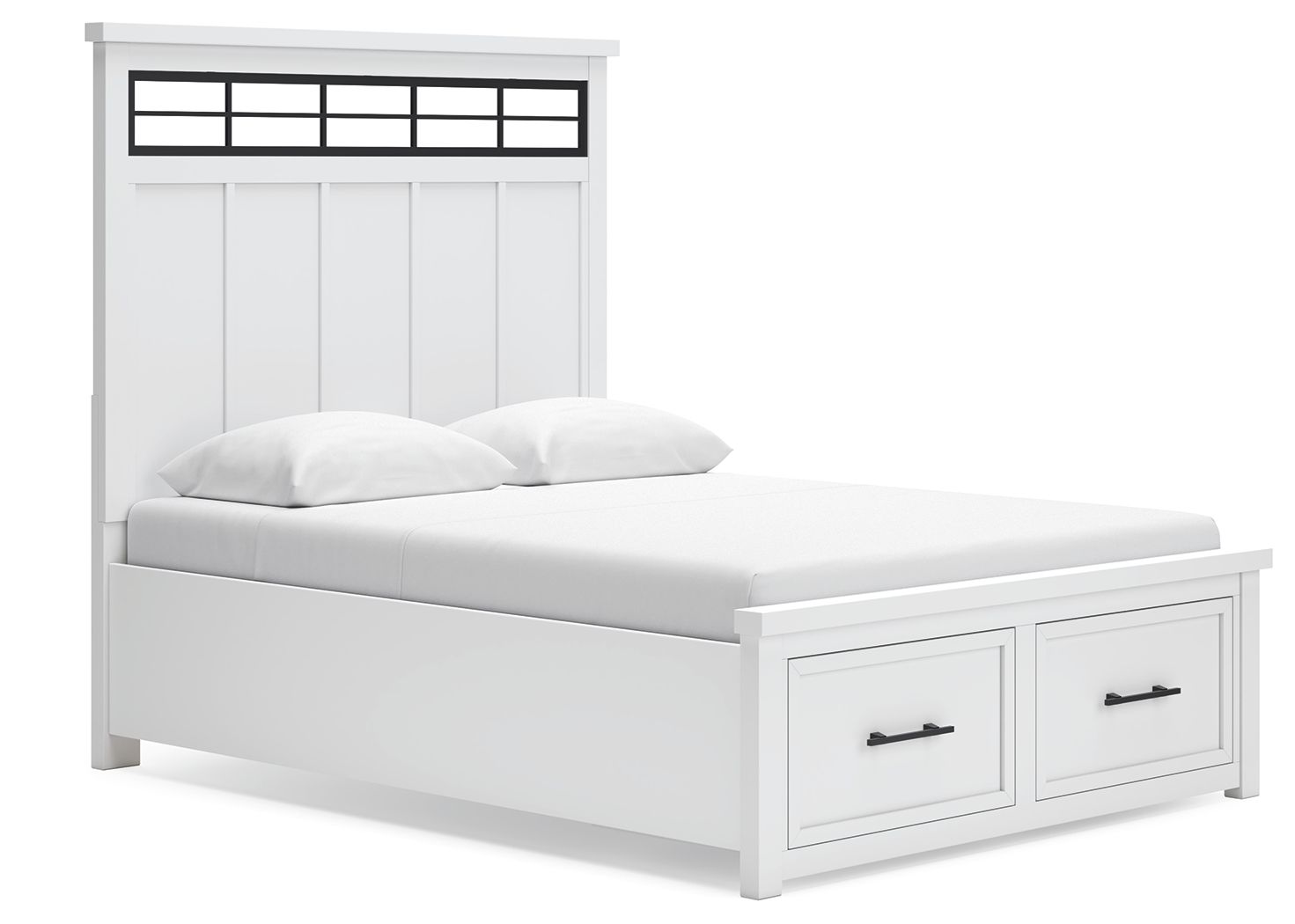 White panel storage bed with headboard panel detail and two drawer cabinets