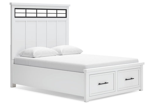 White panel storage bed with headboard panel detail and two drawer cabinets