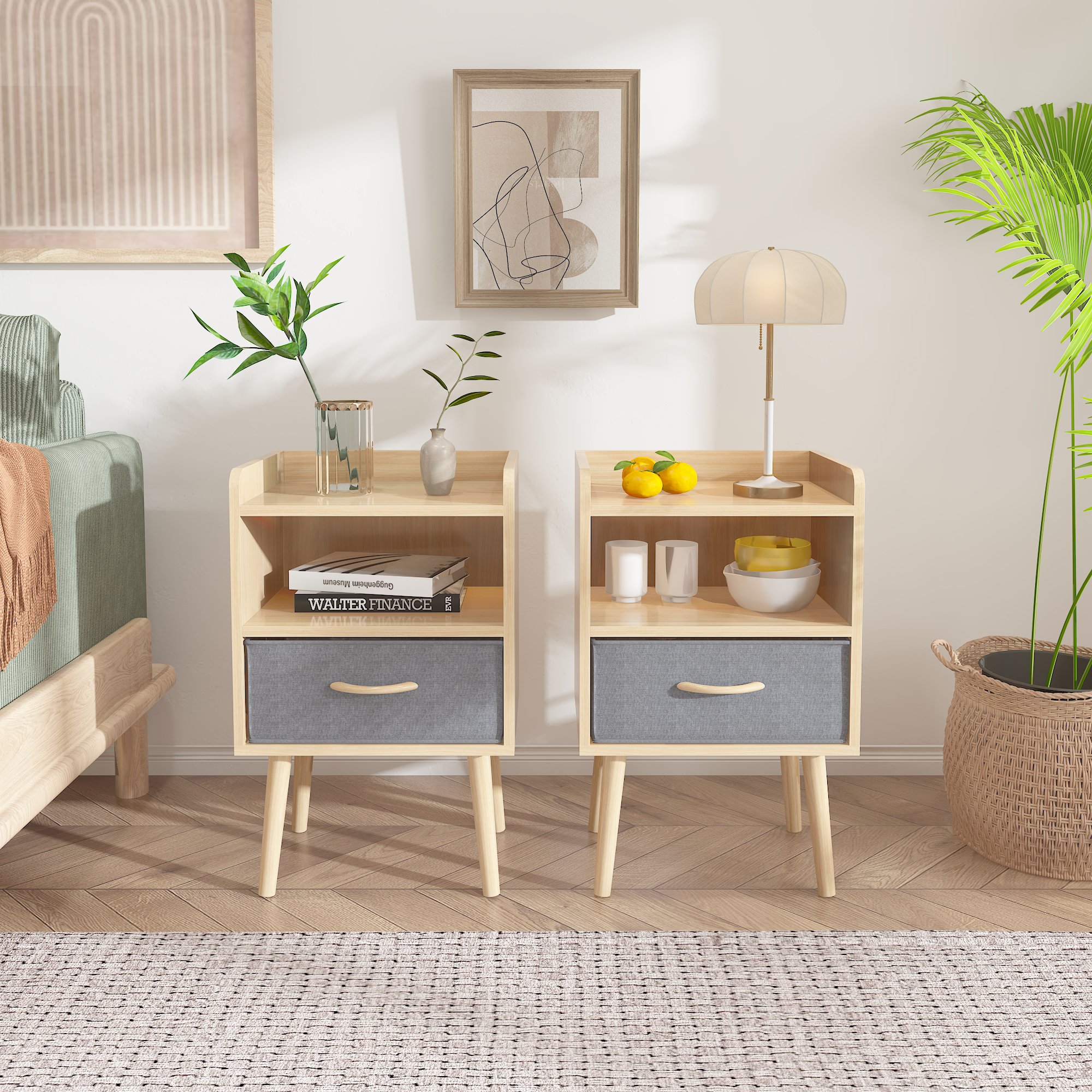 2PC Nightstand w/ Drawer, End Table - Oak-American Furniture Outlet
