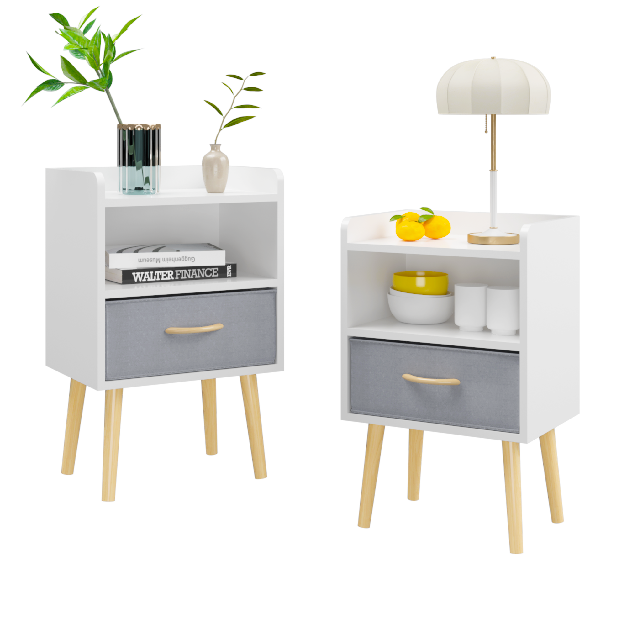 2PC Nightstand w/ Drawer, End Table Set - White-American Furniture Outlet