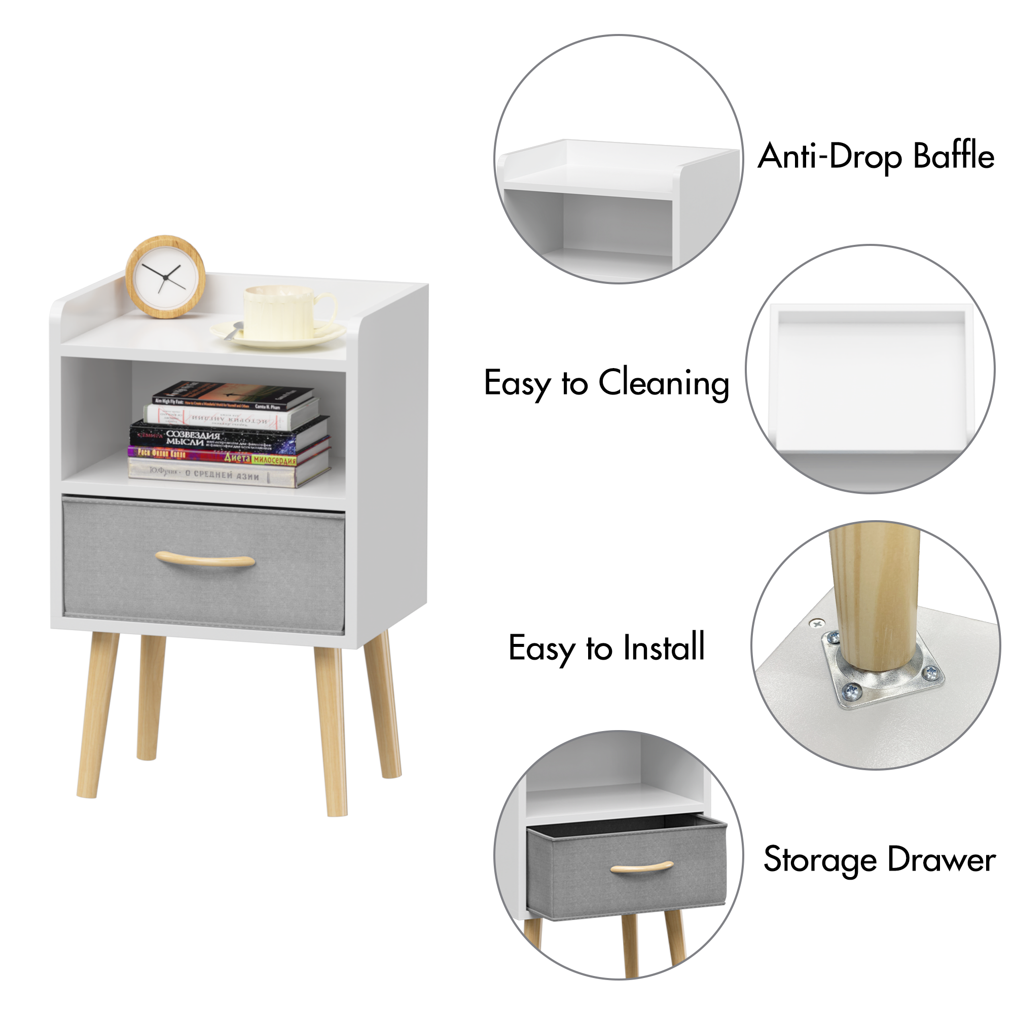 2PC Nightstand w/ Drawer, End Table Set - White-American Furniture Outlet