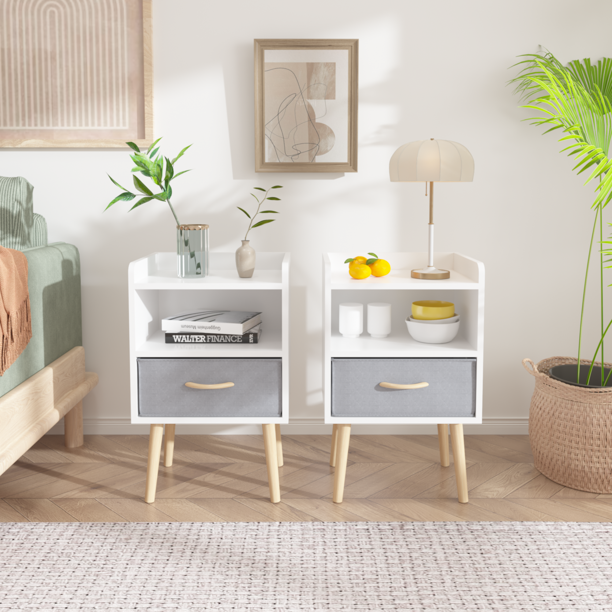2PC Nightstand w/ Drawer, End Table Set - White-American Furniture Outlet