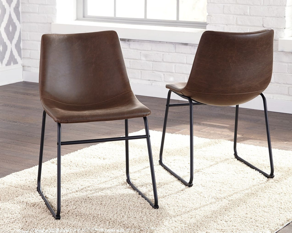 Brown upholstered side chair with dark metal frame