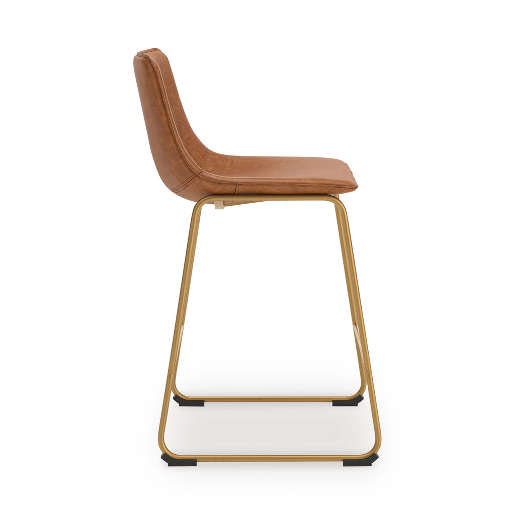 Upholstered barstool with light brown seat, gold-tone U-shaped base and footrest