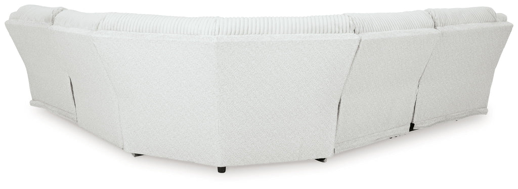 Light gray reclining sectional sofa with boxed arms and seat cushions