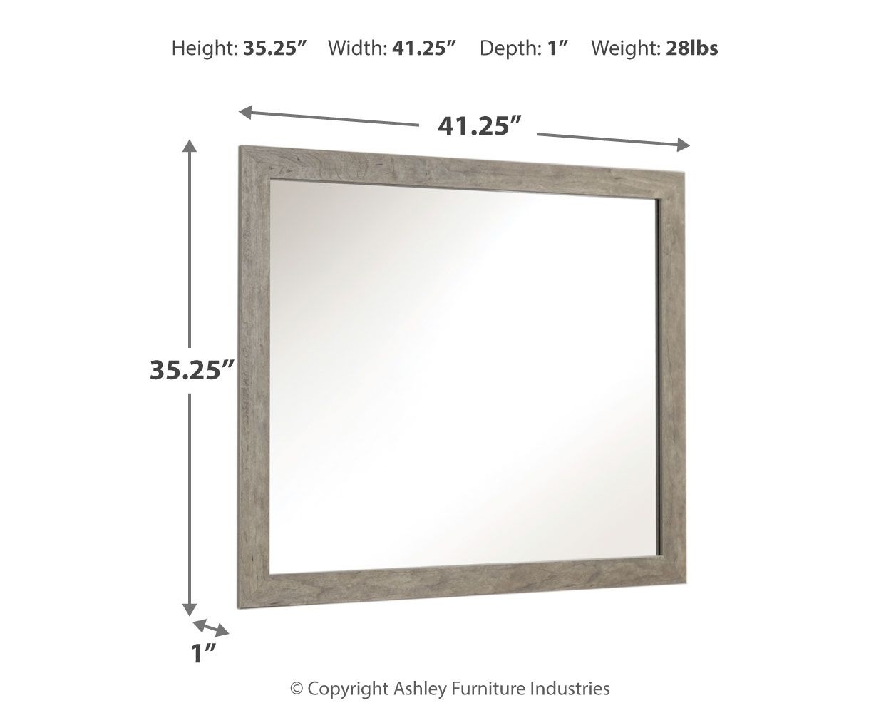 Gray bedroom mirror dimensions: 41.25 in wide, 35.25 in high