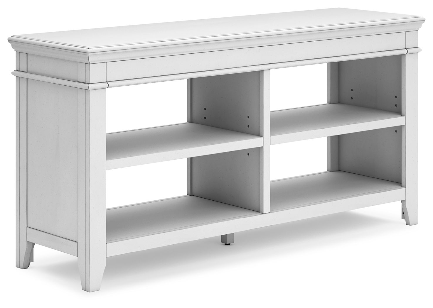 Whitewash credenza with paneled sides and open cubby shelves, two open compartments